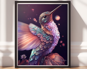 Ethereal Hummingbird Art - Fantasy Bird Wall Decor - Digital Download Painting - Vibrant Nature Print