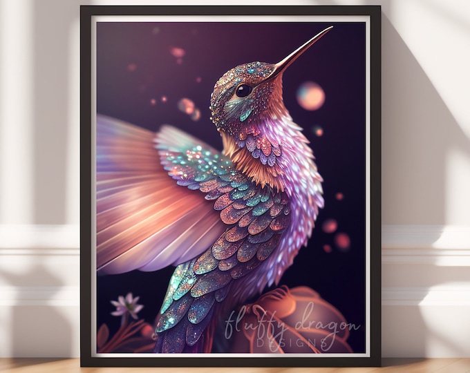 Featured listing image: Hummingbird Art v2, Digital Painting Art, Instant Download, Printable Decor, Bird Prints, Bird Decor, Animal Painting