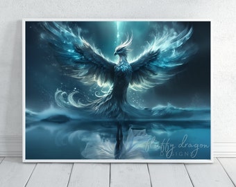 Phoenix Poster | Fantasy Art Print | Water Bird Wall Art | Horizontal Decor for Home & Office