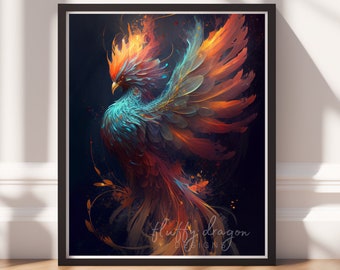 Neon Phoenix Digital Art Print, Downloadable Print, Colorful Fantasy Wall Art