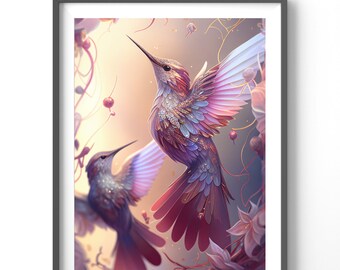 Neon Hummingbird Poster, Matte Vertical Posters, Bird Wall Art, Black and Colorful Animal Print