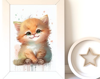 Watercolor Animals, Cat Painting v9, Digital Download, Baby Animal Prints, Nursery Wall Art, Printable Nursery