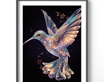 Holographic Hummingbird Poster, Matte Vertical Posters, Bird Wall Art, Black and Colorful Animal Print