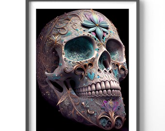 Skull Poster | Sugar Skull Art Print, Matte Vertical Wall Decor, Fantasy Decorative Poster for Home & Office