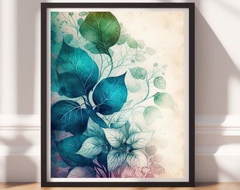Botanical Art v12, Digital Download, Printable Art, Colorful Painting, Modern Prints, Leaves Decor, Abstract Painting