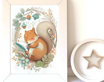 Baby Animal Prints, Squirrel v18, Digital Download, Instant Print, Woodland Animals, Nursery Wall Art, Gender Neutral