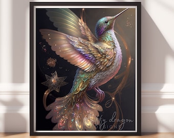 Hummingbird Art v8, Digital Painting Art, Instant Download, Printable Decor, Bird Prints, Bird Decor, Animal Painting