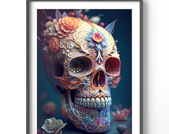 Skull Poster - Sugar Skull Wall Art, Matte Vertical Fantasy Print, Unique Home Decor, Colorful Design, Day of the Dead Decor