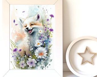 Digital Download |  Baby Fox v19 | Printable Art | Digital Prints Wall Art | Art Prints | Digital Painting | AI Art Print | Watercolor Art