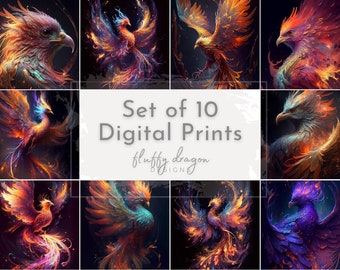Neon Phoenix Wall Art, Firebird Digital Art, Fantasy Bird Decor, Mythology Prints Set of 10 for Stunning Home Accent