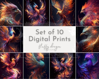 Phoenix Wall Art, Fantasy Art, Rising Phoenix Bird Art, Vibrant Mythology, Mythical Phoenix, Neon Phoenix Fire Bird, Set of 10 Digital Print