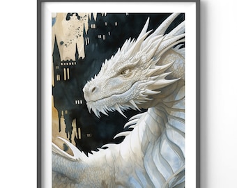 White Dragon Poster | Fantasy Wall Art for Video Game Decor | Stunning Dragon Print, Home & Office Decoration, Gift Idea