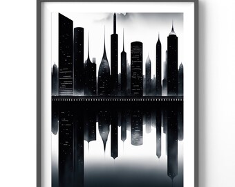 Cityscape Poster | Watercolor Black and White Vertical Wall Art | Modern Cityscape Matte Print for Home Decor