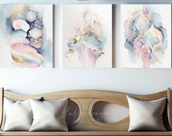 Abstract Living Room Wall Decor, Watercolor Print, Modern Neutral Art, Pastel Pink Blue Gray Wall Decor, Minimalist, Digital Prints Set of 3