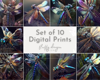 Dragonfly Art Print, Dragonflies Wall Art, Dragonfly Wall Decor, Flying Insect Art, Dragonfly Lover Nature Theme Set of 10 Digital Prints