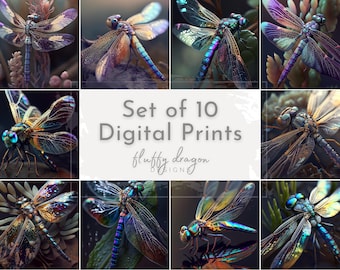 Dragonfly Art Print, Dragonflies Wall Art, Dragonfly Wall Decor, Flying Insect Art, Dragonfly Lover Nature Theme Set of 10 Digital Prints