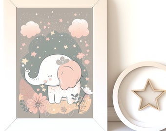 Digital Download |  Baby Elephant v14 | Printable Art | Digital Print Wall Art | Art Print | Nursery Wall Art | AI Print | Watercolor Art