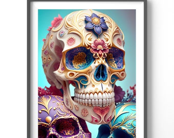 Skull Poster - Sugar Skull Art, Matte Vertical Fantasy Wall Decor, Unique Print for Home & Office, Colorful Wall Art