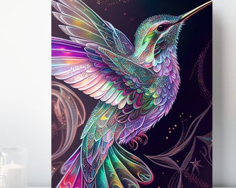 Holo Hummingbird Canvas Wall Art, Wrapped Canvas, Colorful Bird Art, Ready to Hang