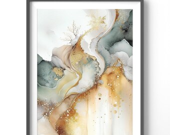 Earth Tone Abstract Poster, Matte Vertical Posters, Watercolor Wall Art, Green and Gold Print