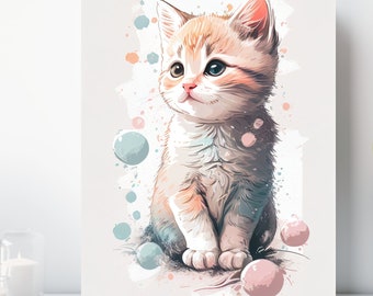 Happy Cat Canvas Print, Wrapped Canvas, Colorful Nursery Wall Art, Ready to Hang