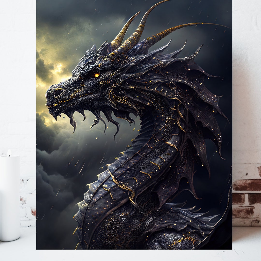 Black Dragon Canvas Art | Whimsical Fantasy Wall Decor for Gaming Room ...
