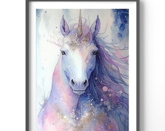 Unicorn Watercolor Poster, Matte Vertical Posters, Unicorn Wall Art, Fantasy Print