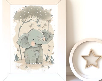 Digital Download |  Baby Elephant v3 | Printable Art | Digital Print Wall Art | Art Print | Nursery Wall Art | AI Art Print | Watercolor Art