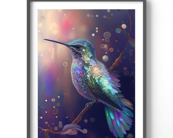 Holographic Hummingbird Poster, Matte Vertical Posters, Bird Wall Art, Black and Colorful Animal Print