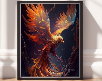 Neon Phoenix Digital Art Print, Downloadable Print, Colorful Fantasy Wall Art