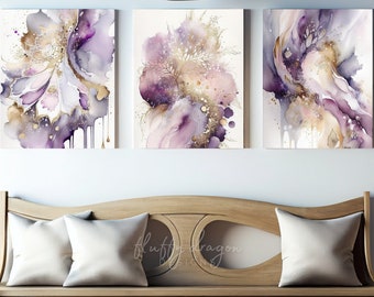 Set of 3 Abstract Digital Art Prints – Elegant Purple & Gold Wall Decor – AI Artwork – Instant Download