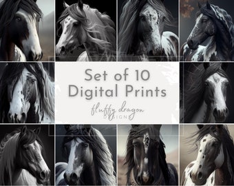 Set of 10 Equestrian Artworks | Black & White Horse Art Print Digital Download | Perfect for Home Decor