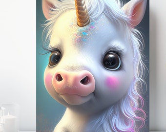 Baby Unicorn Canvas Print, Wrapped Canvas, Cute Baby Animal Nursery Wall Art, Ready to Hang