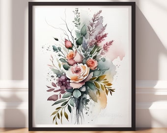 Watercolor Flowers v3, Digital Download, Floral Wall Art, Instant Print, Pastel Decor, Digital Prints