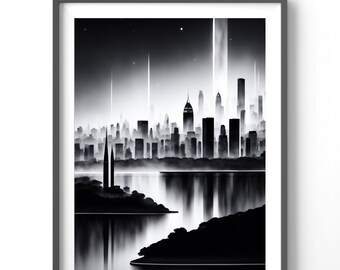 Cityscape Poster | Watercolor Black and White Vertical Wall Art | Modern Matte Cityscape Print for Home Decor