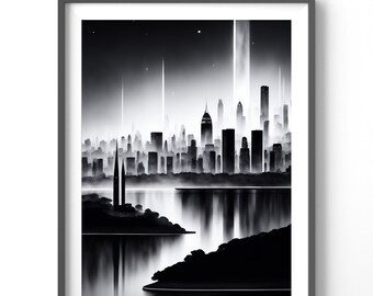 Watercolor Cityscape Poster, Matte Vertical Posters, Black and White City Wall Art