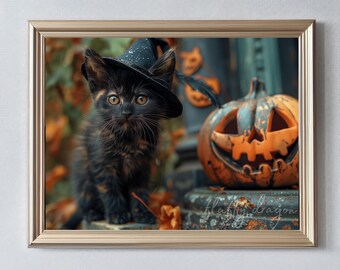 Halloween Artwork | Cute Black Cat Digital Download | Autumn Printable | Fall Home Decor | Spooky Wall Art