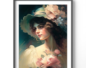Floral Poster - Vintage Woman Floral Art Print, Matte Vertical Flower Wall Decor, Retro Aesthetic Home Decoration