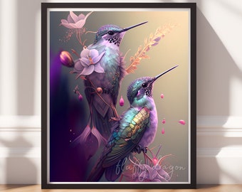 Hummingbird Art v10, Digital Painting Art, Instant Download, Printable Decor, Bird Prints, Bird Decor, Animal Painting