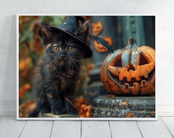 Cat Poster Print - Halloween Decor, Black Wall Art, Horizontal Halloween Decor for Cat Lovers, Spooky Home Decoration