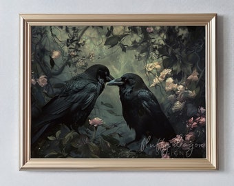 Gothic Raven Art - Digital Download, Dark Romantic Crow Print, Mystical Forest Decor, Moody Bird Wall Art, Witchy Aesthetic Gift