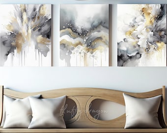 Abstract Living Room Wall Decor, Watercolor Print, Modern Neutral Art, Gray and Gold Wall Decor, Minimalist Gallery Digital Prints Set of 3