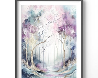 Forest Watercolor Poster, Matte Vertical Posters, Floral Wall Art, Pastels and Gold Print