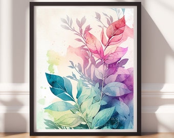 Botanical Art v11, Digital Download, Printable Art, Colorful Painting, Modern Prints, Leaves Decor, Abstract Painting