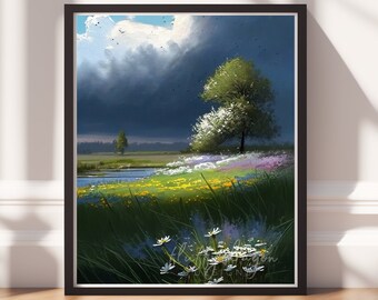 Vintage Landscape Print | Colorful Digital Art for Home Decor, Flower Painting, Instant Download Wall Art, Vintage Aesthetic Decor