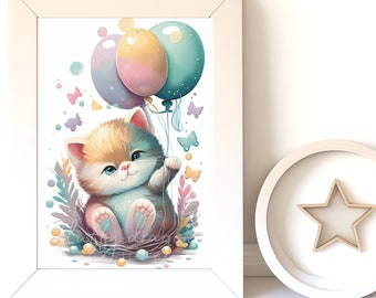 Watercolor Animals - Cat Painting, Baby Animal Prints for Nursery, Digital Download Wall Art, Printable Nursery Decor