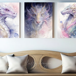 Dragon Art Print, Watercolor Fantasy Home Decor Mythology, Dragon Wall Art, Magical Mythical Creature Illustrations Pink, White, Set of 3