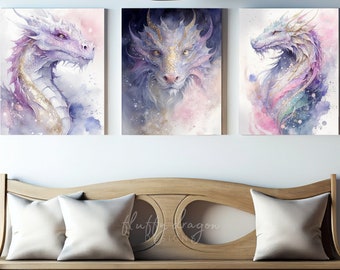 Dragon Art Print, Watercolor Fantasy Home Decor Mythology, Dragon Wall Art, Magical Mythical Creature Illustrations Pink, White, Set of 3