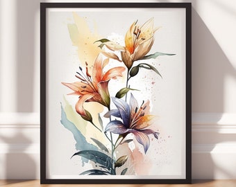 Watercolor Flowers v14, Digital Download, Floral Wall Art, Instant Print, Pastel Decor, Digital Prints