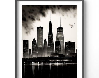 Cityscape Poster - Black and White Watercolor Vertical Wall Art, Matte Finish Cityscape Print for Home Decor